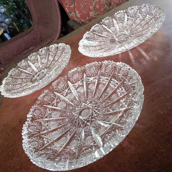 3 Vintage American Brilliant Hand Cut Crystal Lace and Hobstar Trinket Dishes - Picture 1 of 13